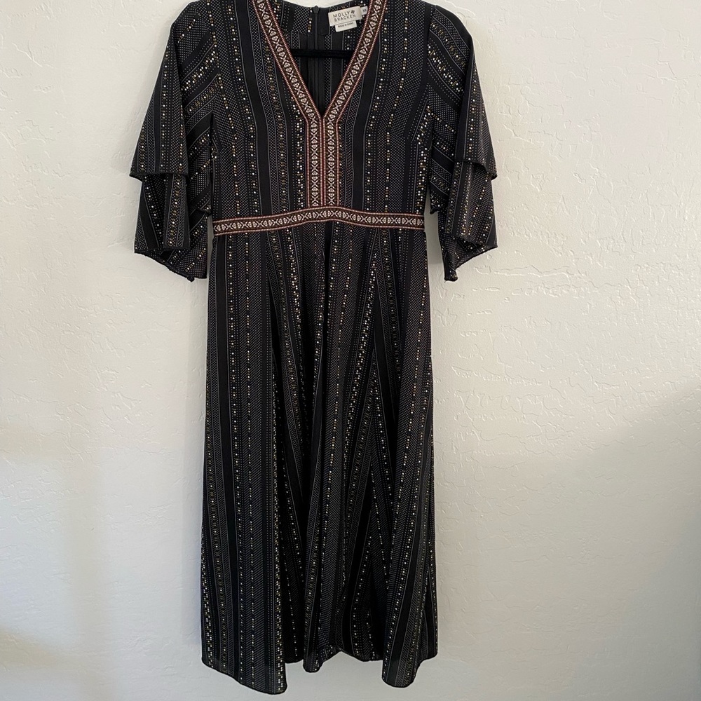 Black print midi dress, originally from Piper & Scoot boutique.